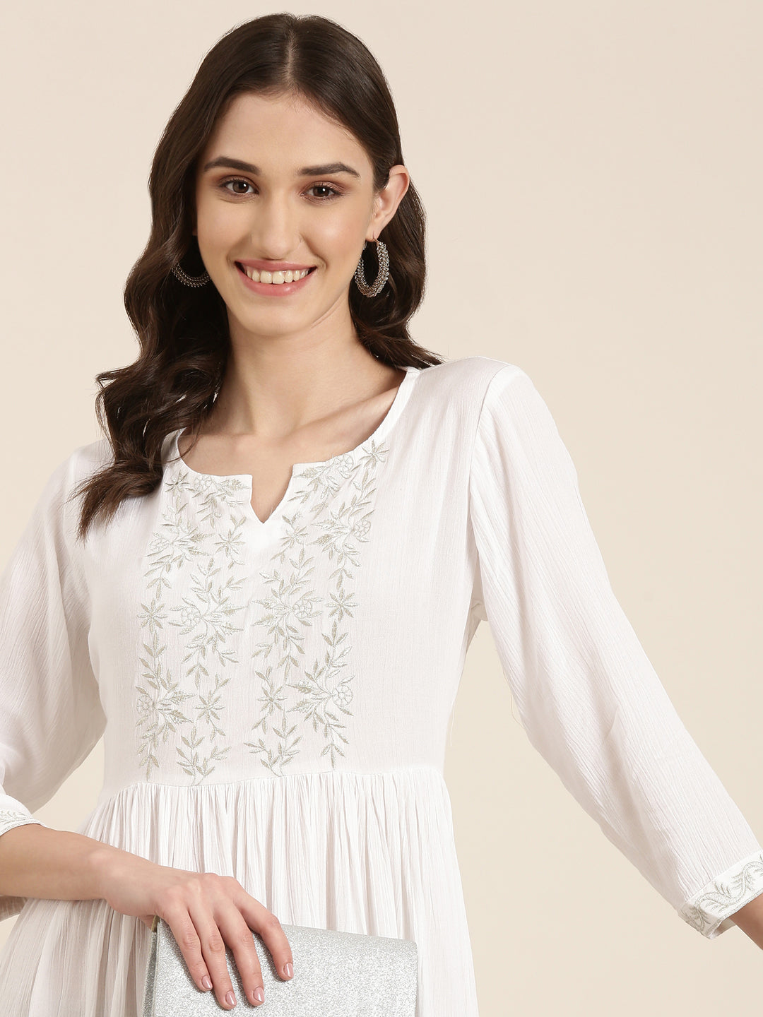 Women White Solid Fit and Flare Kurta