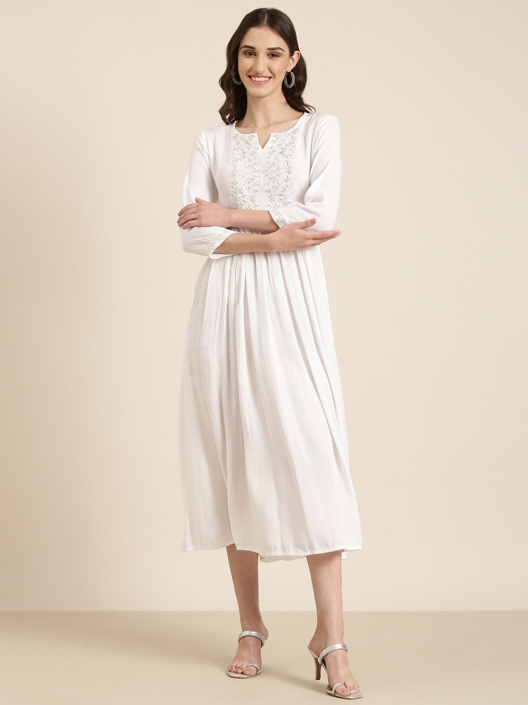 Women White Solid Fit and Flare Kurta