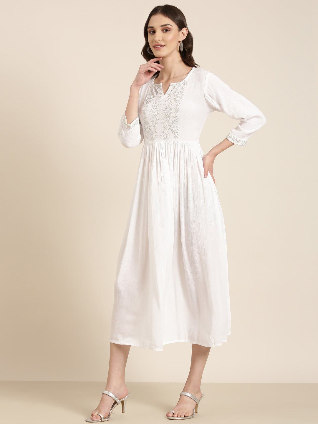 Women White Solid Fit and Flare Kurta