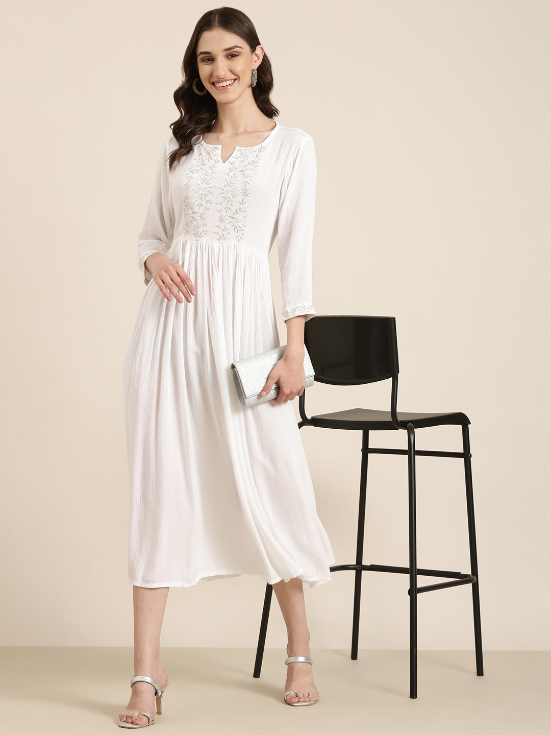 Women White Solid Fit and Flare Kurta