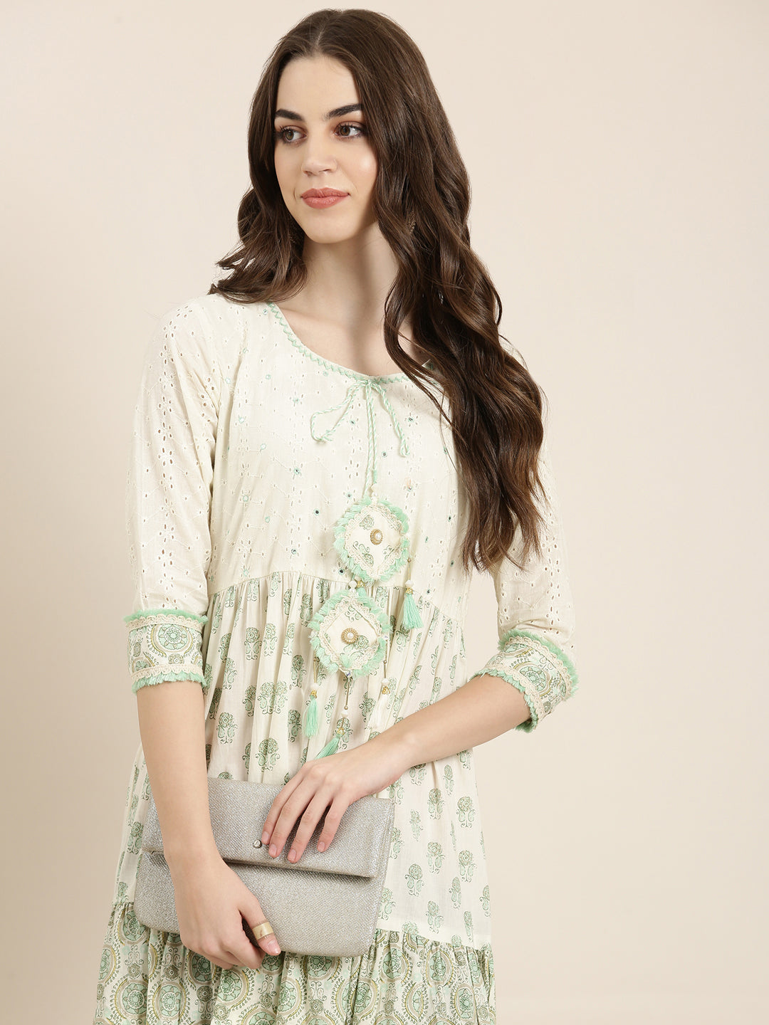 Women Cream Paisley Anarkali Kurta