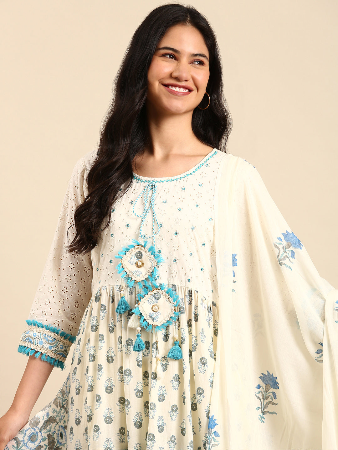 Women's Cream Printed Kurta Set