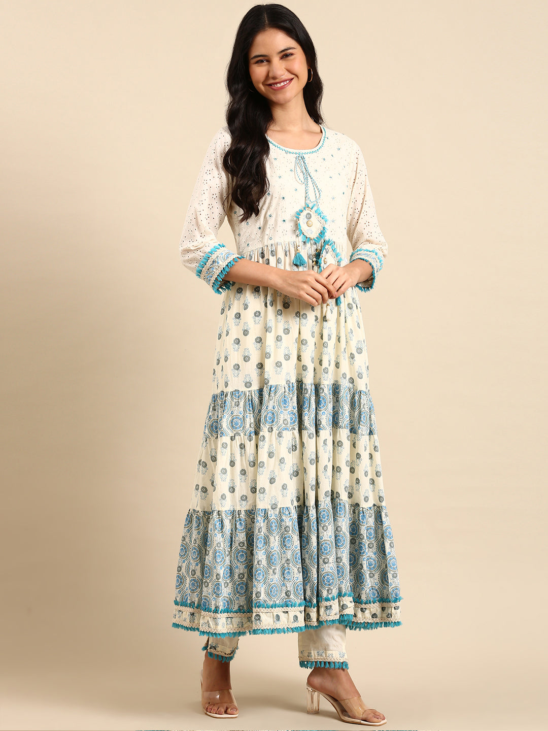 Women's Cream Printed Kurta Set