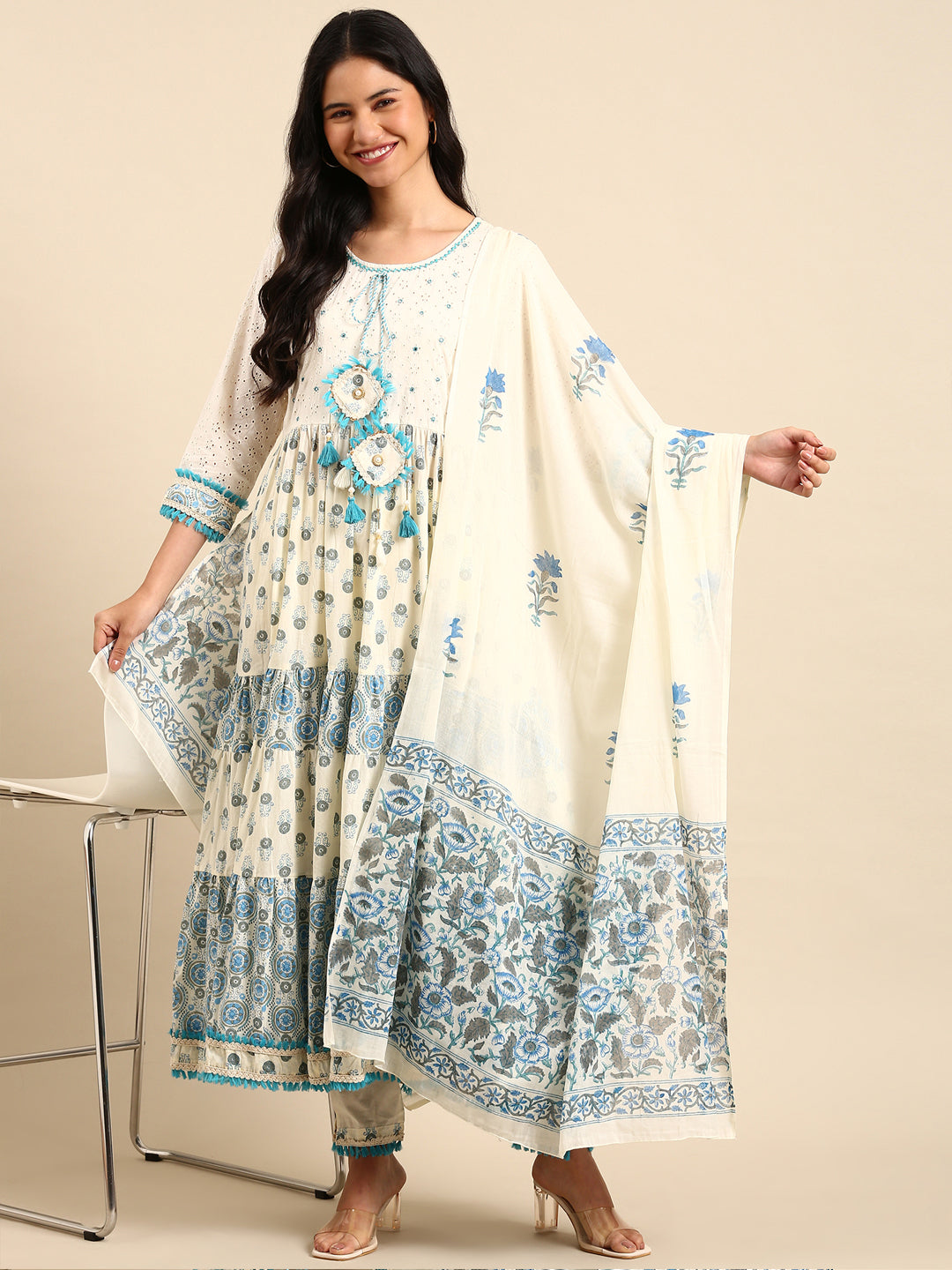 Women's Cream Printed Kurta Set