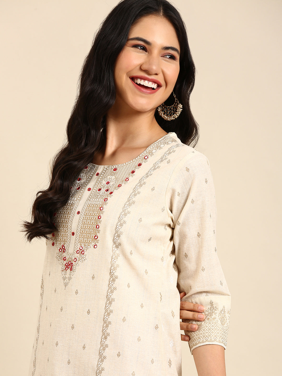 Women's Beige Printed Straight Kurta