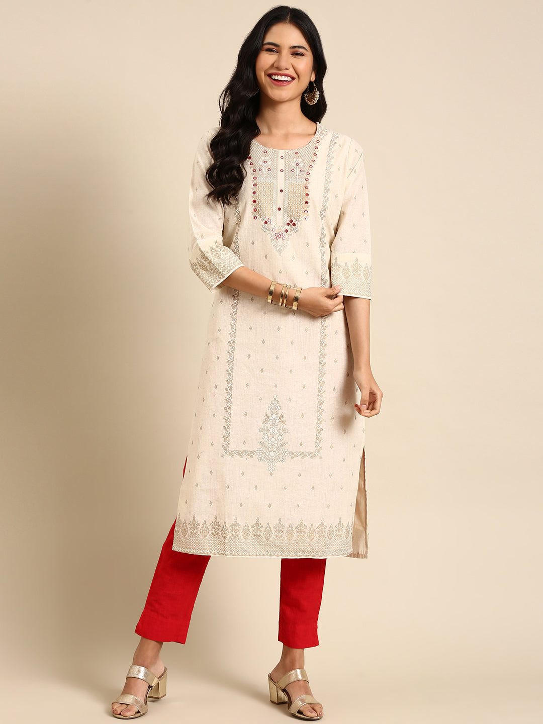 Women's Beige Printed Straight Kurta