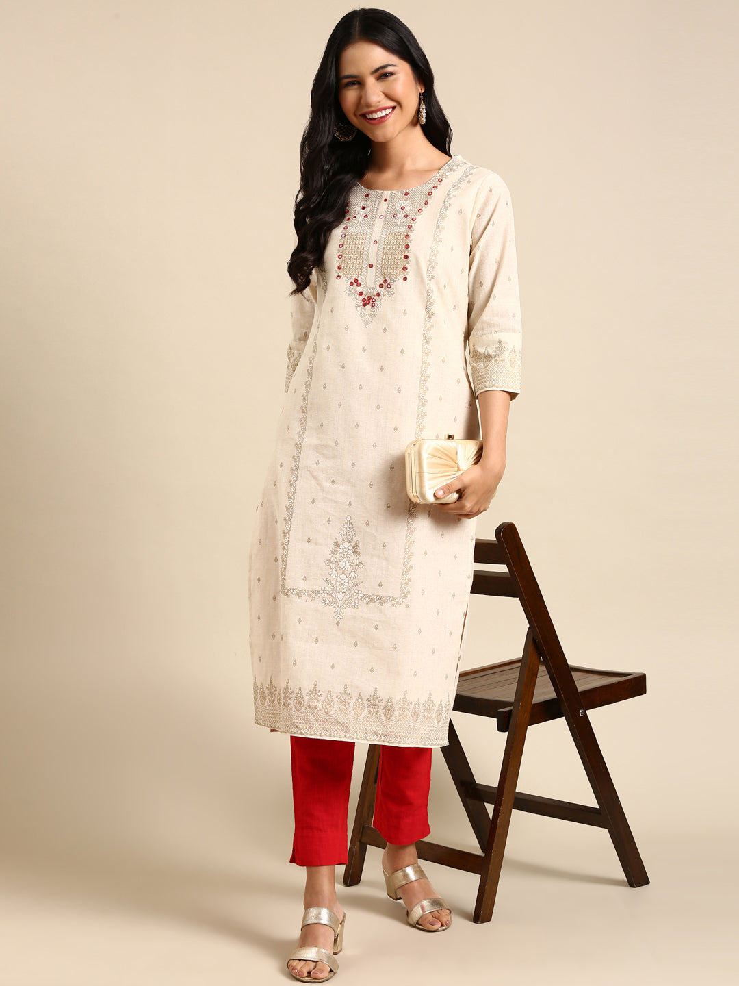 Women's Beige Printed Straight Kurta