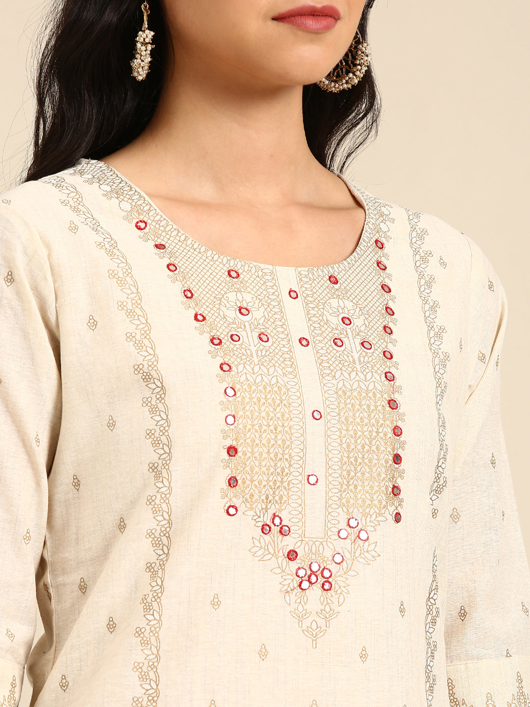 Women's Beige Printed Straight Kurta