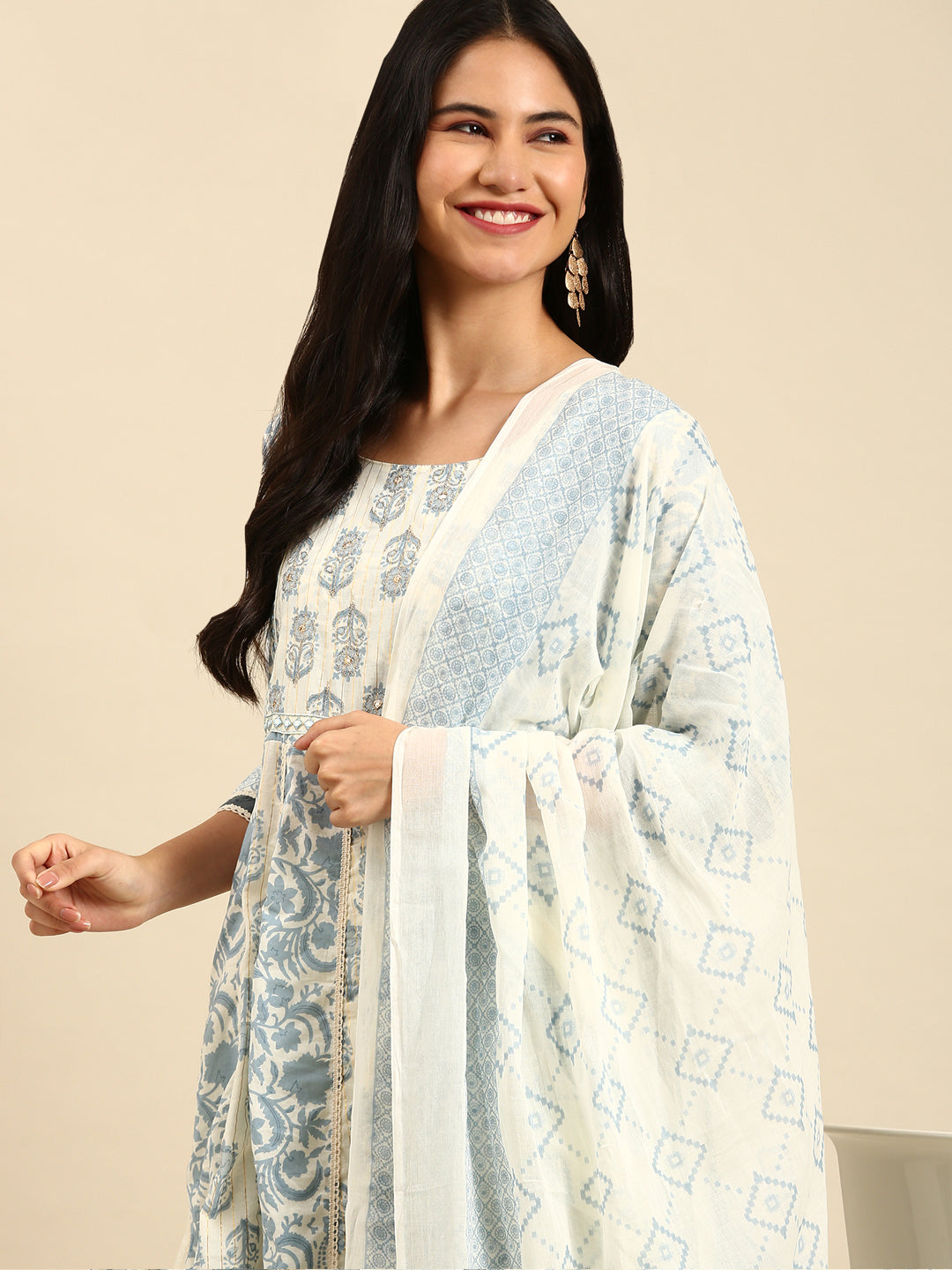 Women's Beige Printed Kurta Set