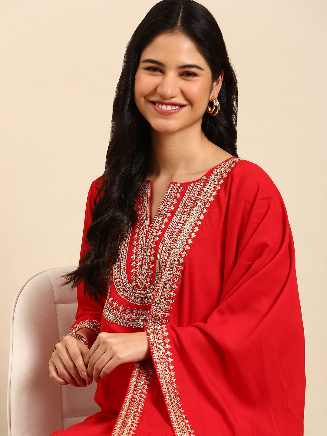 Women's Red Solid Kurta Set