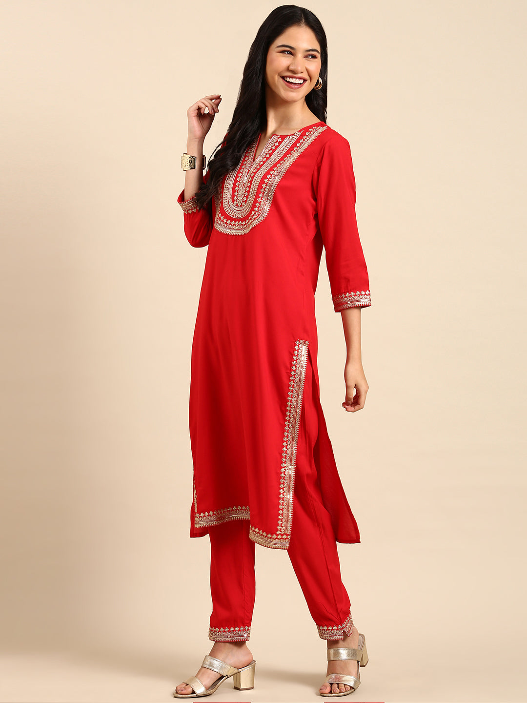 Women's Red Solid Kurta Set