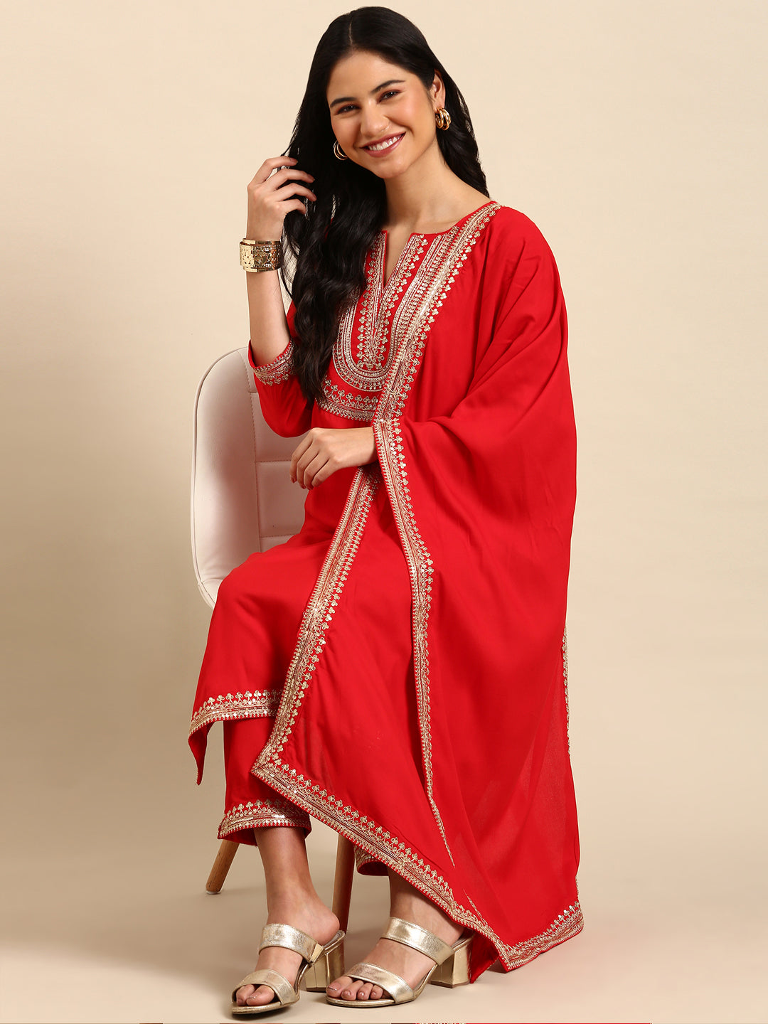 Women's Red Solid Kurta Set