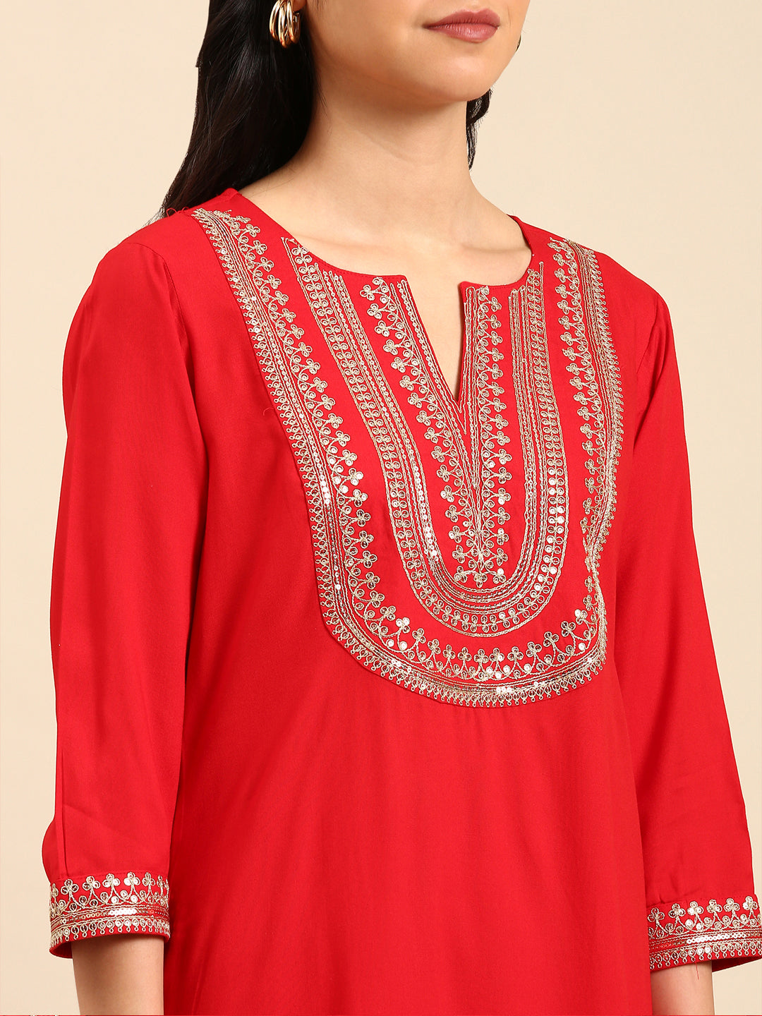 Women's Red Solid Kurta Set