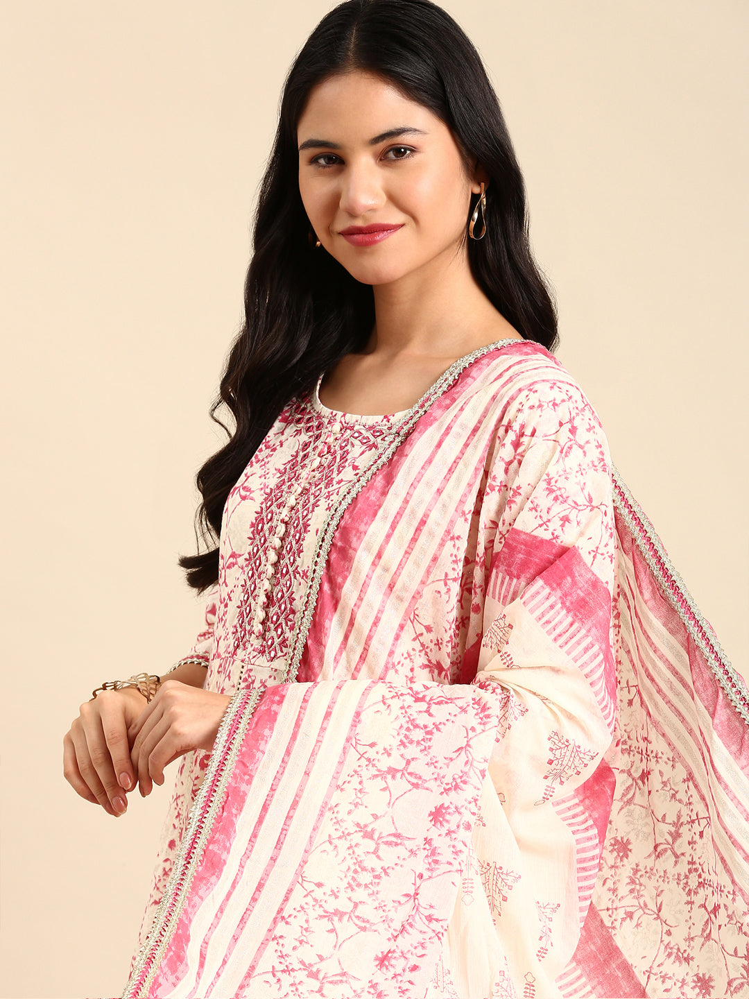 Women's Cream Printed Kurta Set