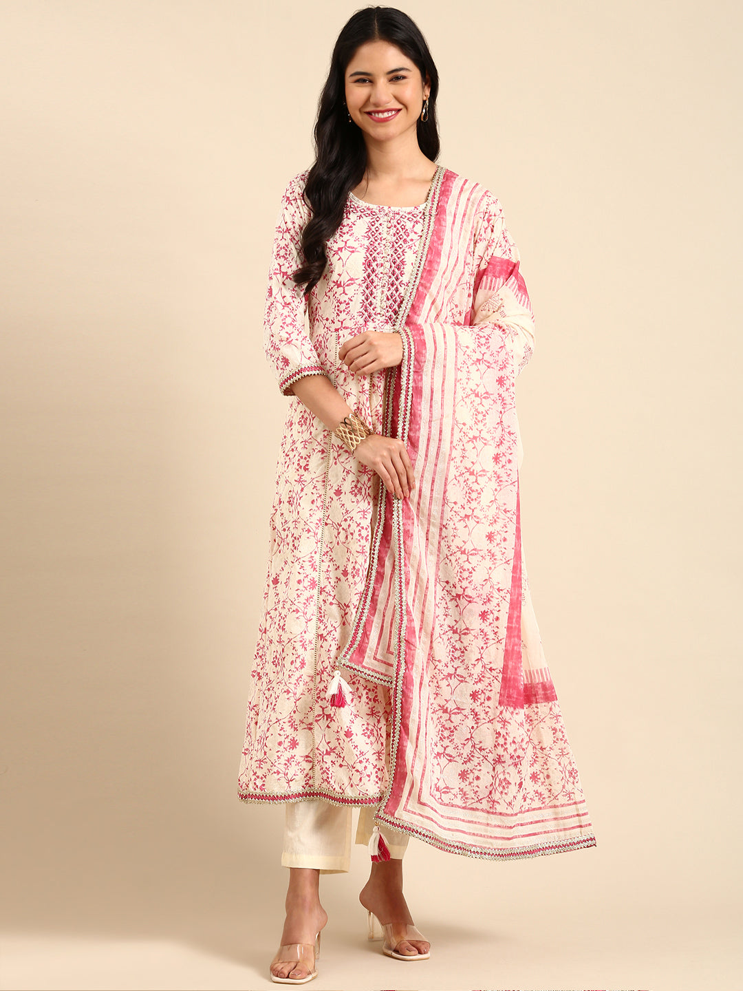 Women's Cream Printed Kurta Set