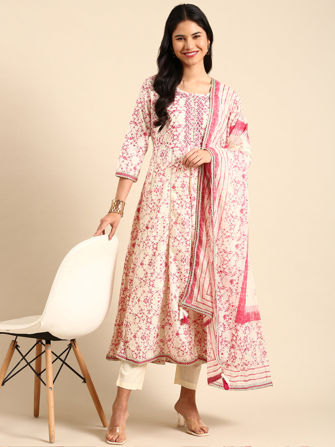 Women's Cream Printed Kurta Set