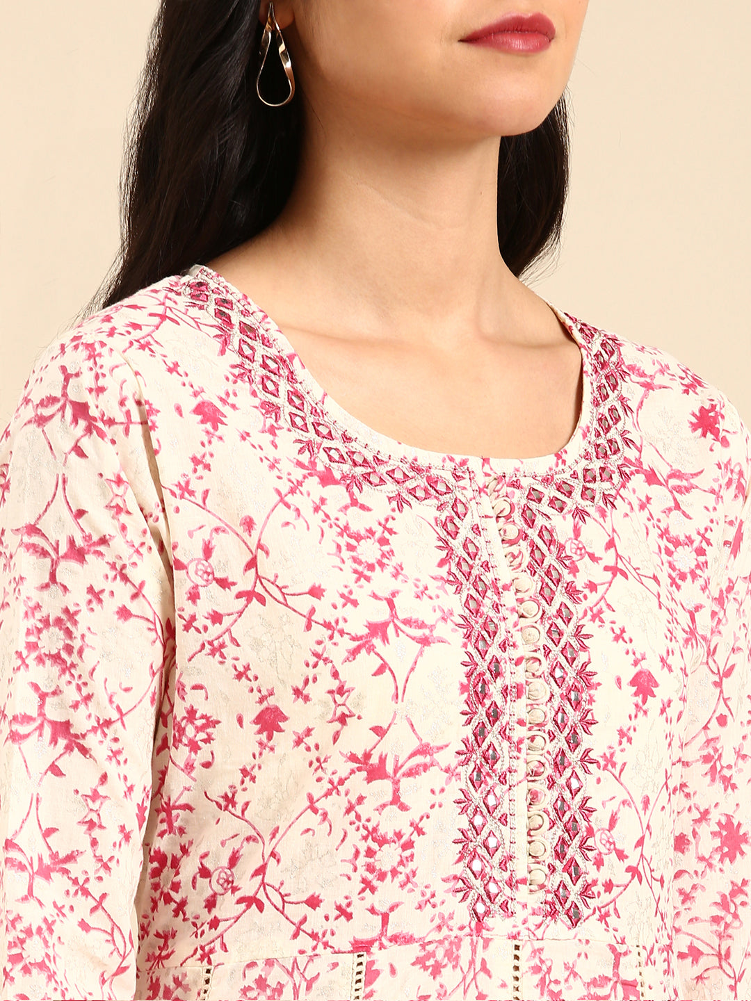 Women's Cream Printed Kurta Set