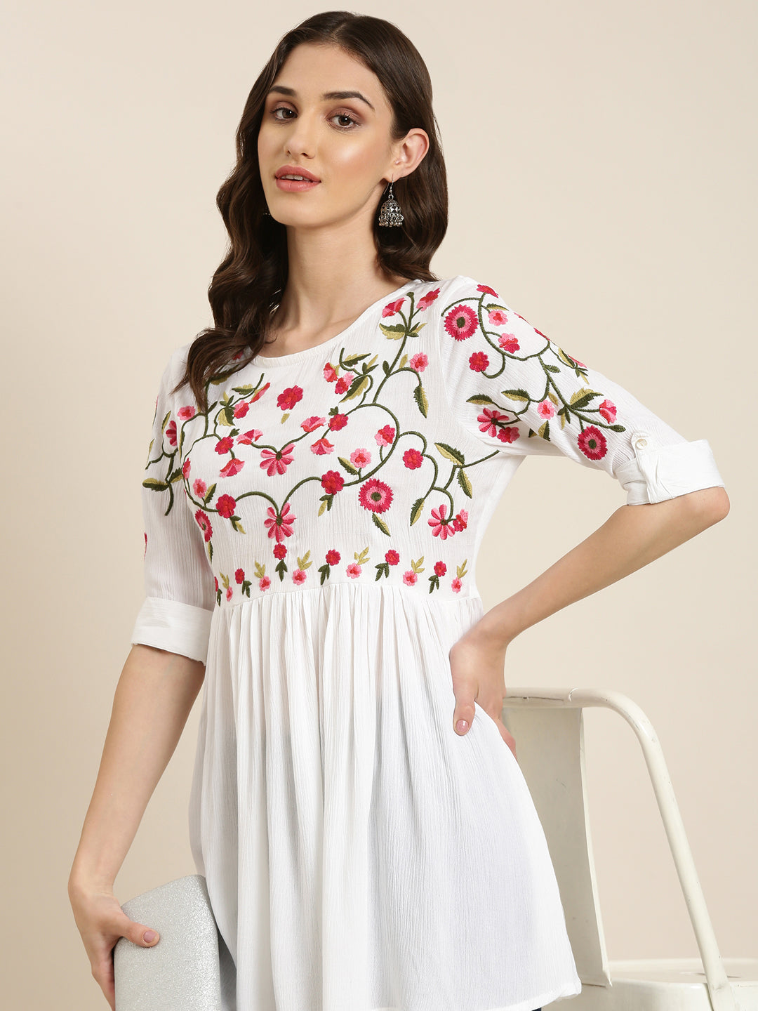 Women White Solid A-Line Kurti