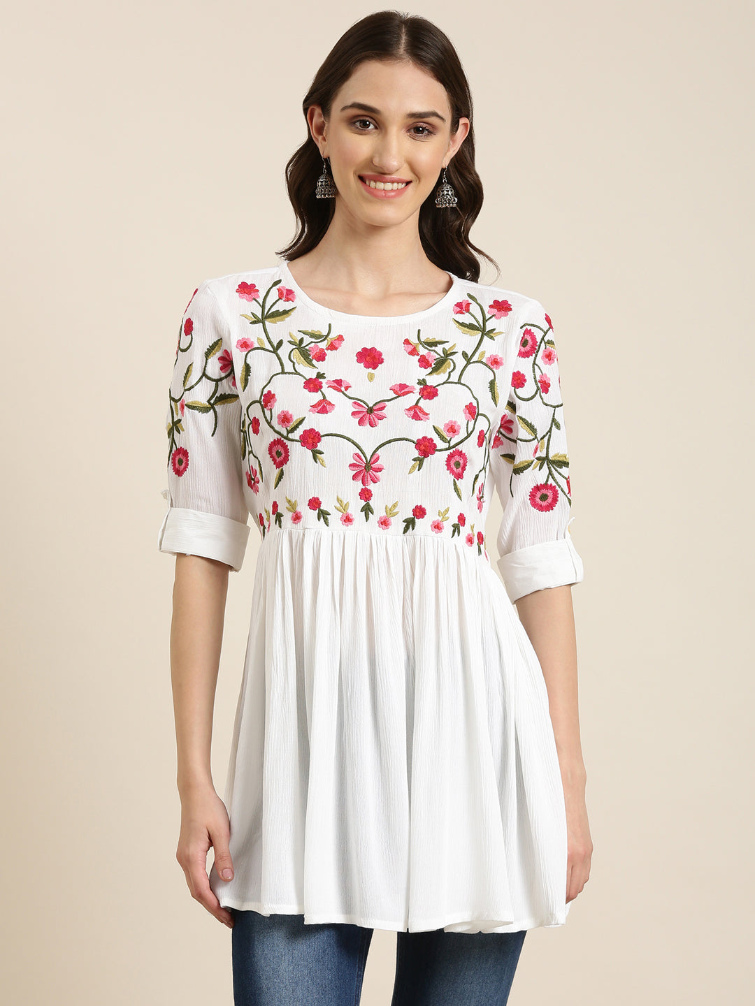 Women White Solid A-Line Kurti