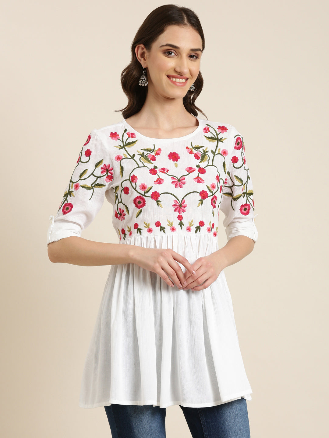 Women White Solid A-Line Kurti