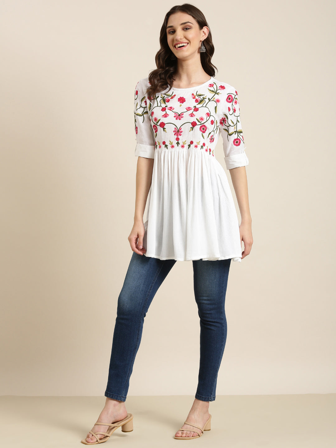 Women White Solid A-Line Kurti