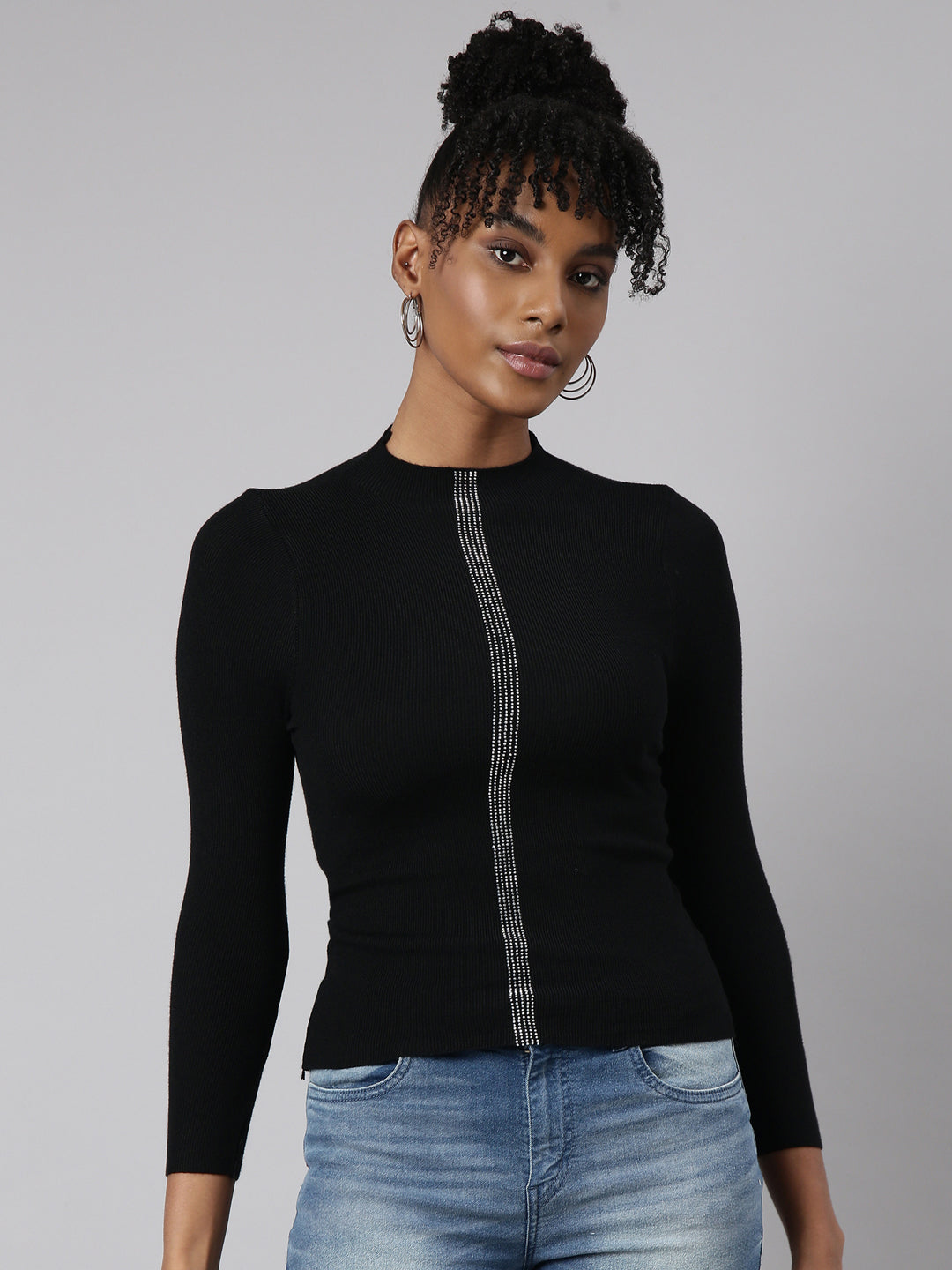 Women Black Solid Fitted Top