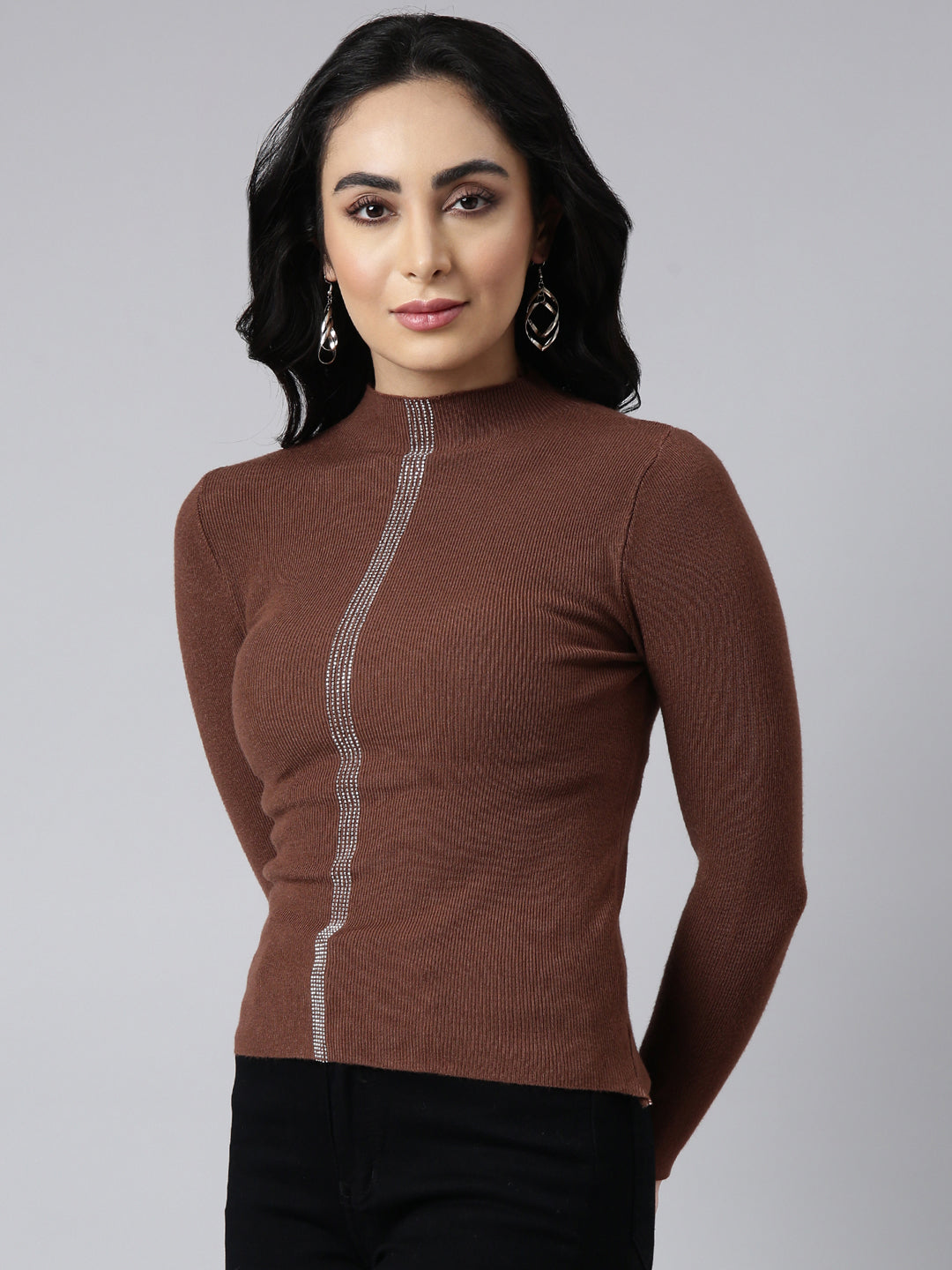 Women Solid Brown Fitted Top