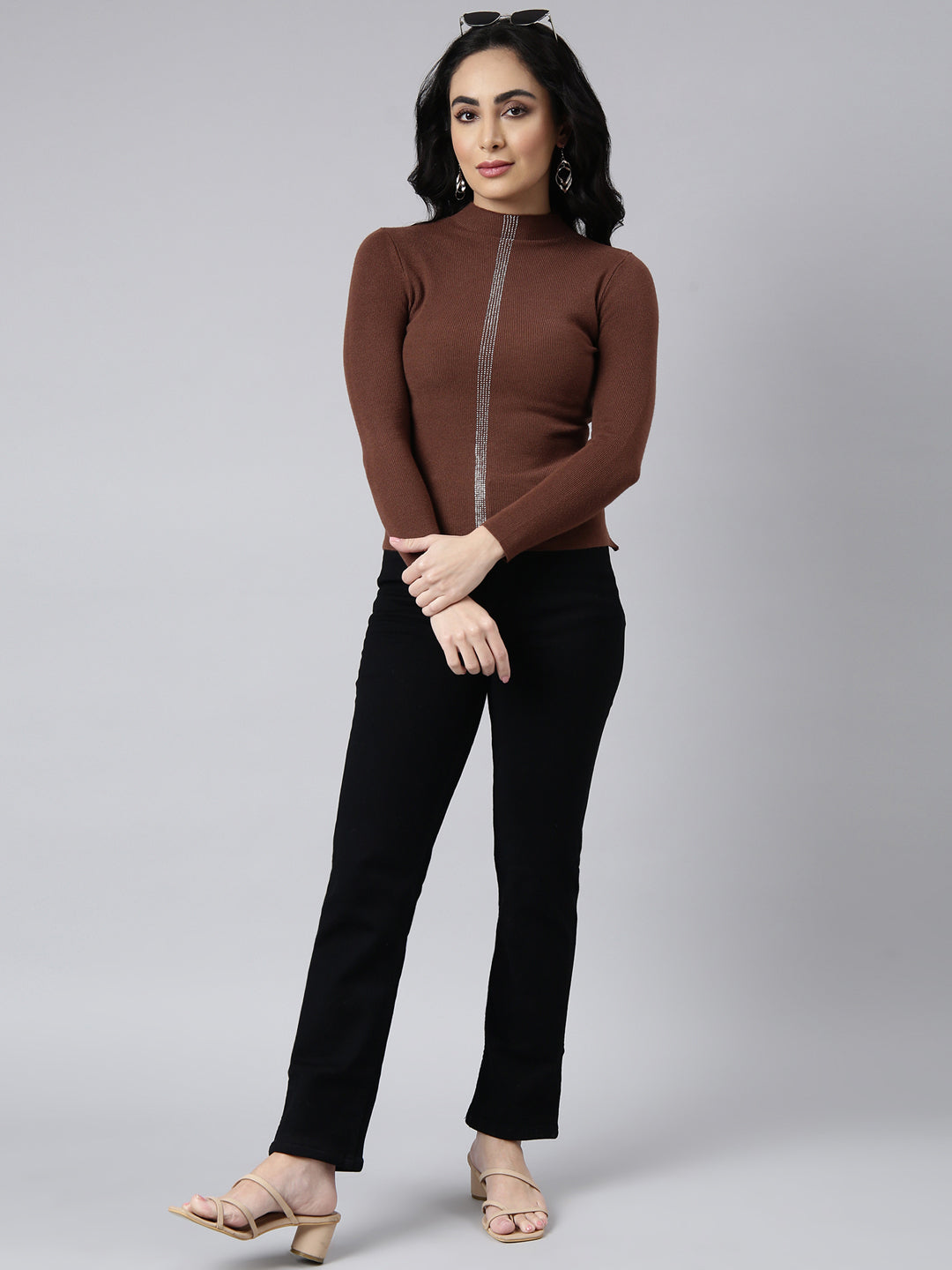 Women Solid Brown Fitted Top