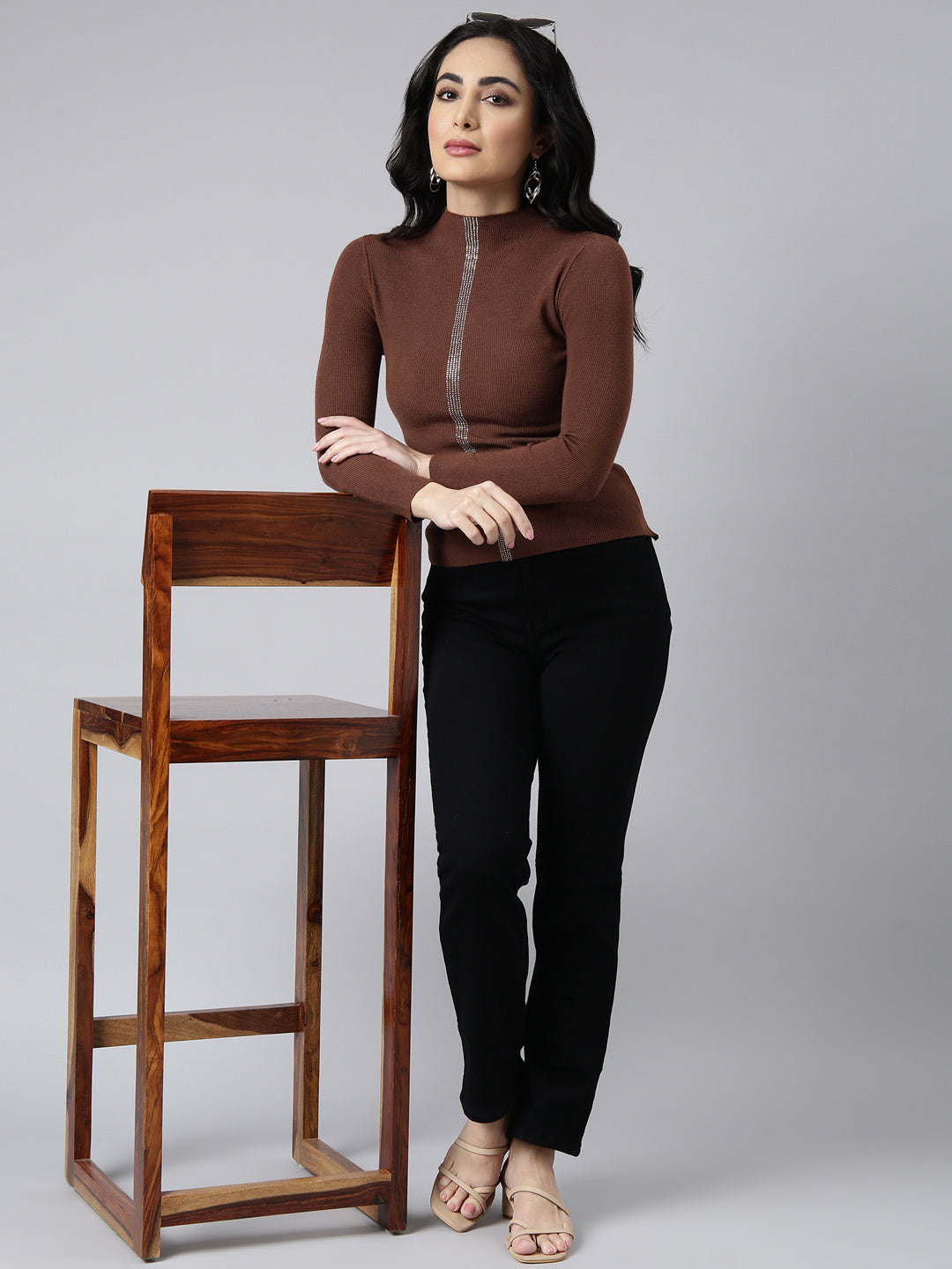 Women Solid Brown Fitted Top