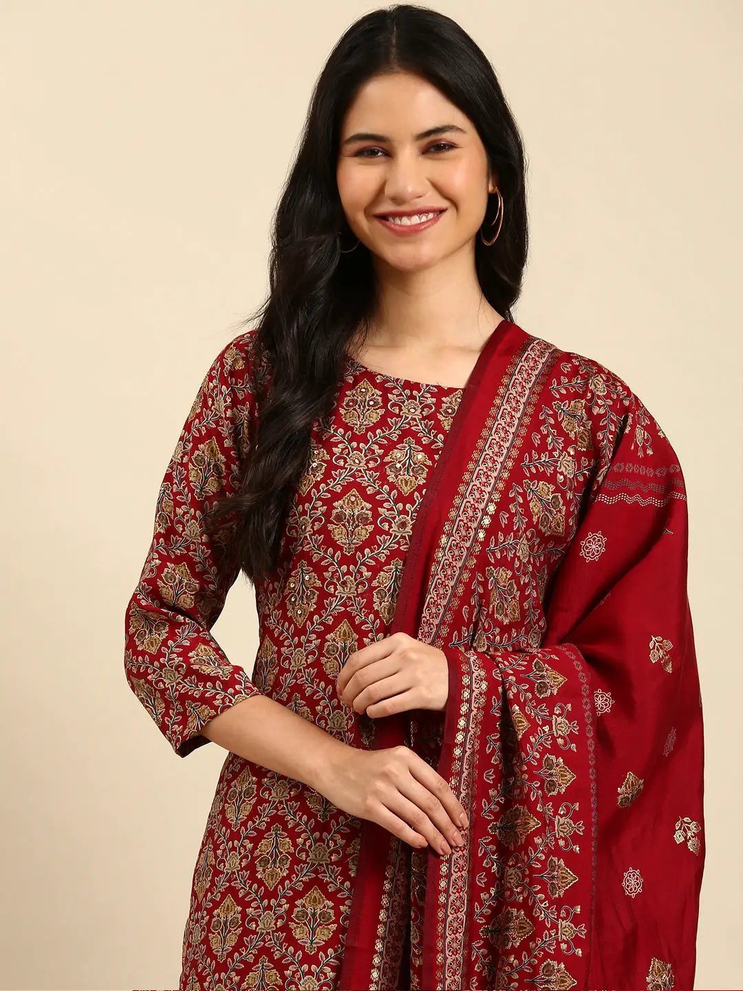 Women's Maroon Printed Kurta Set