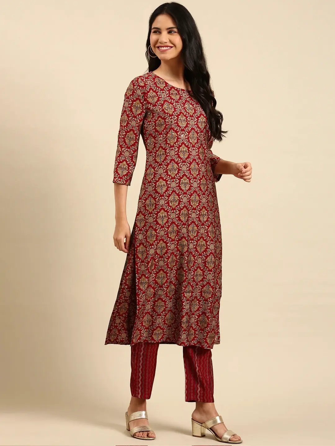 Women's Maroon Printed Kurta Set