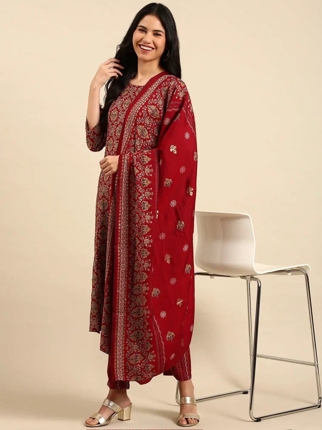 Women's Maroon Printed Kurta Set