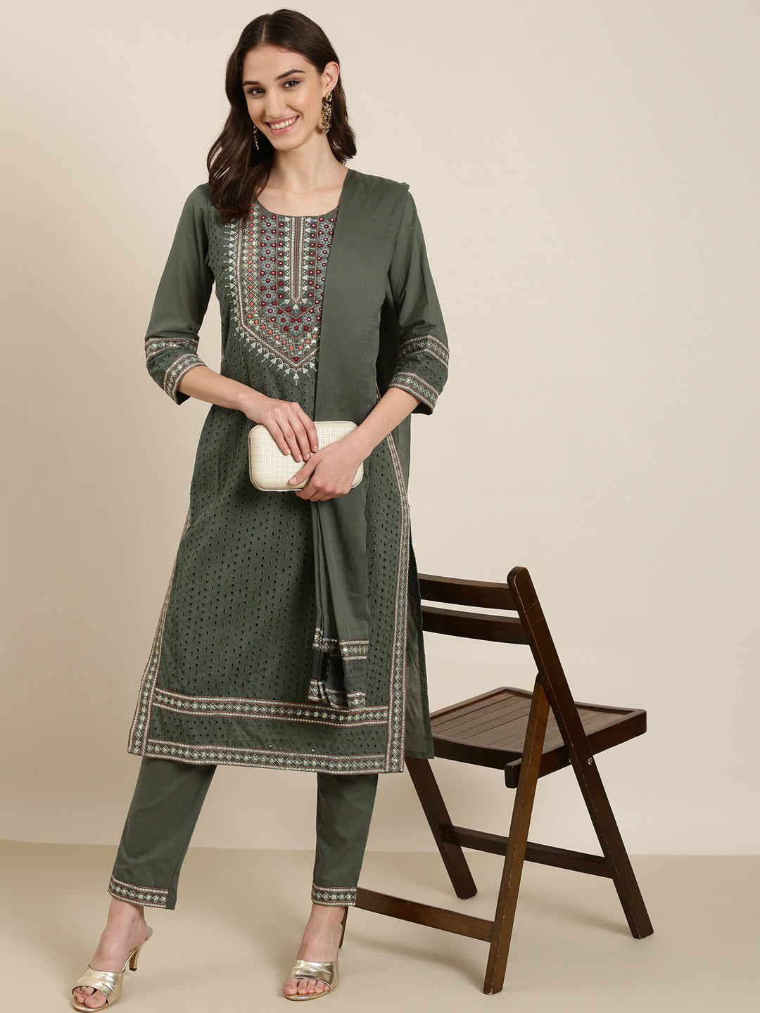 Women Olive Solid Kurta Set