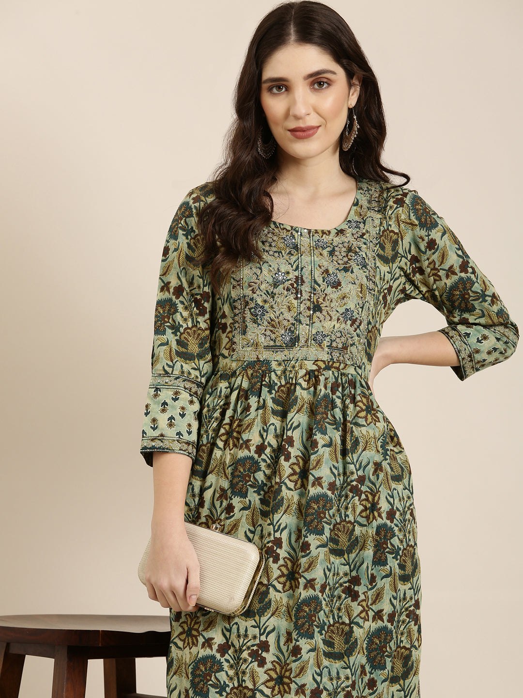 Women Teal Floral A-Line Kurta