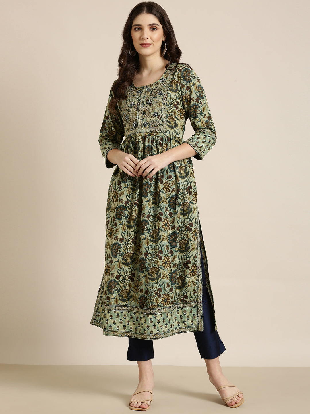 Women Teal Floral A-Line Kurta