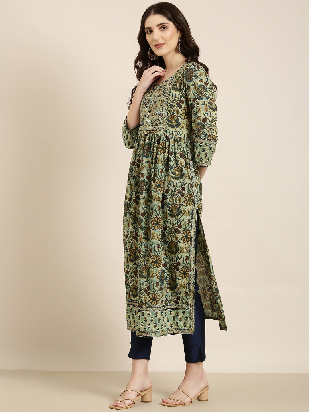 Women Teal Floral A-Line Kurta