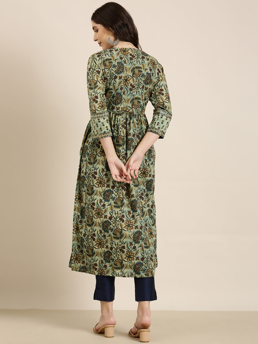 Women Teal Floral A-Line Kurta