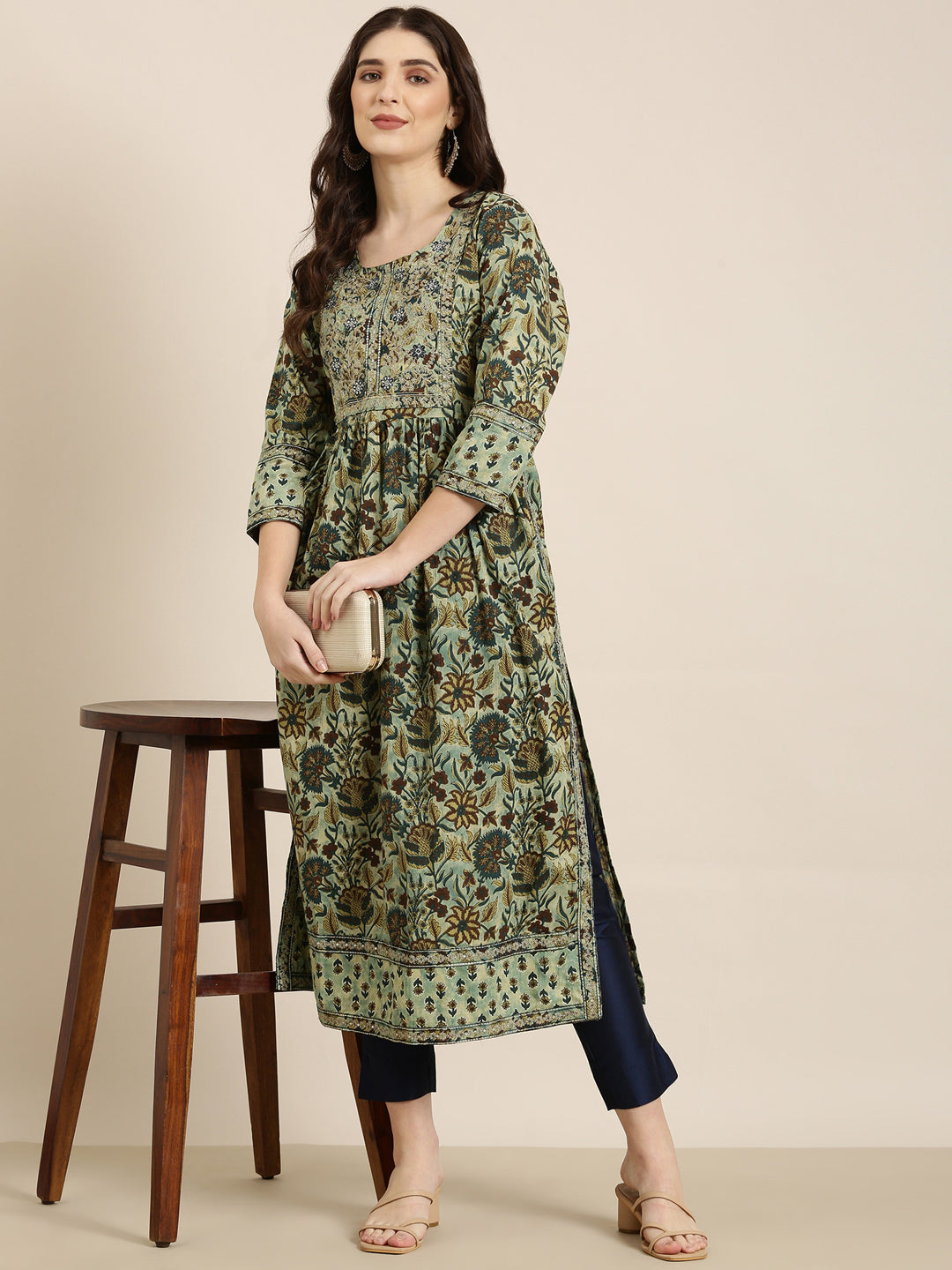 Women Teal Floral A-Line Kurta