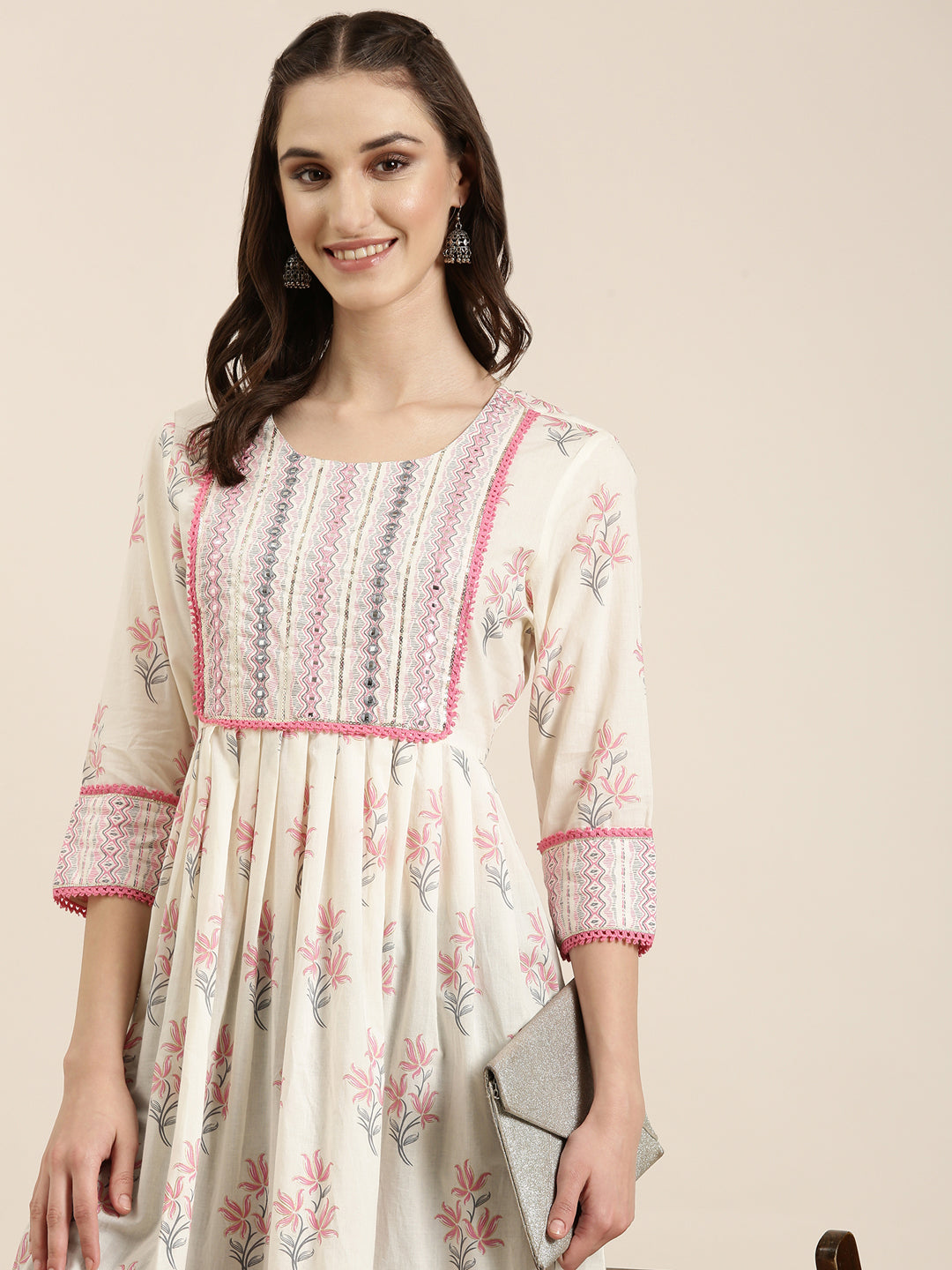 Women Cream Floral A-Line Kurti