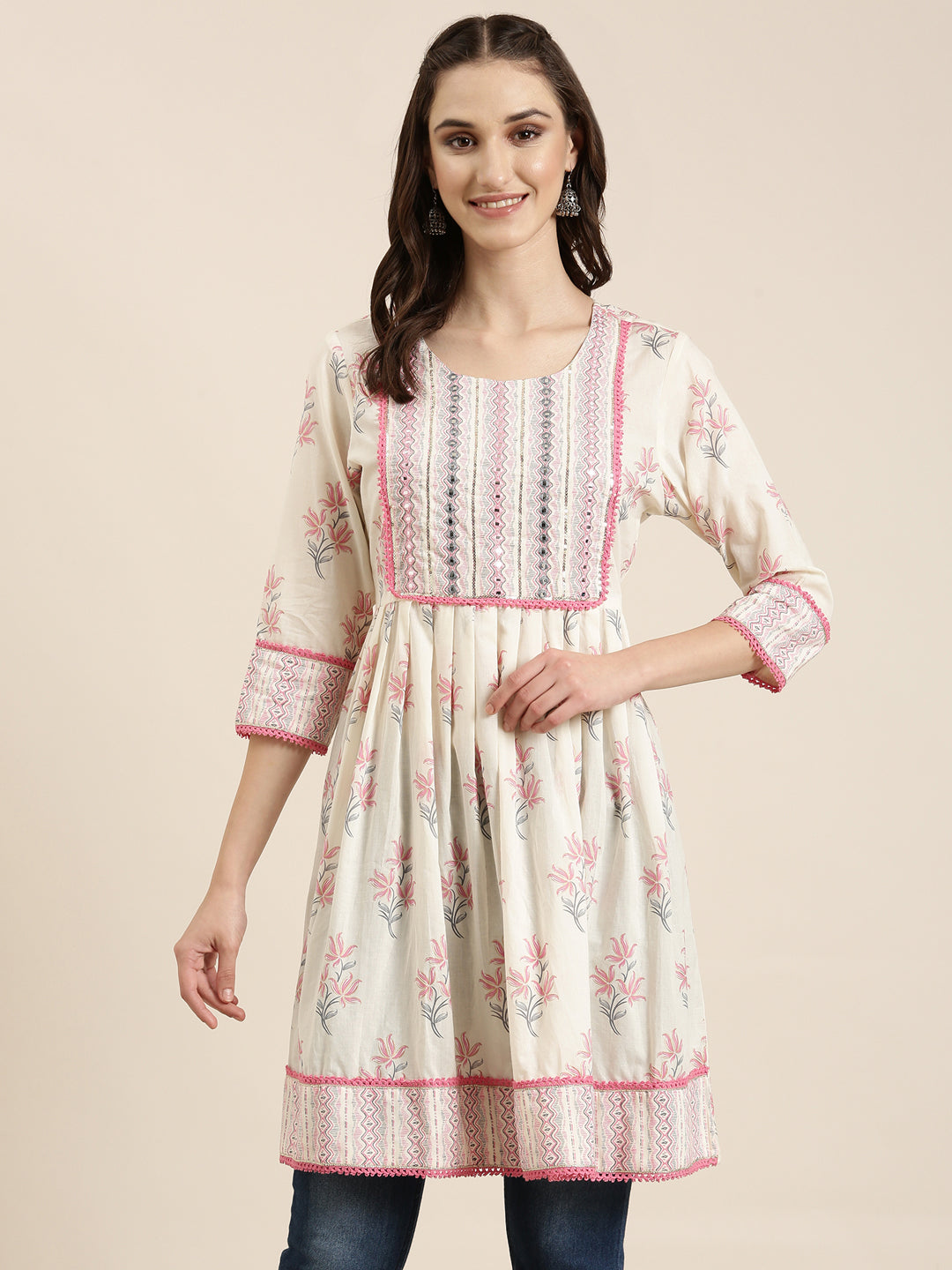 Women Cream Floral A-Line Kurti