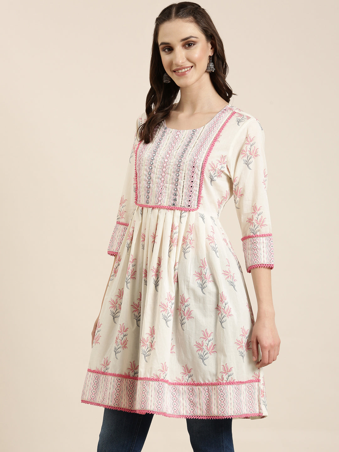 Women Cream Floral A-Line Kurti