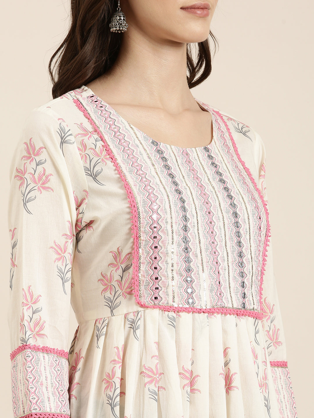 Women Cream Floral A-Line Kurti