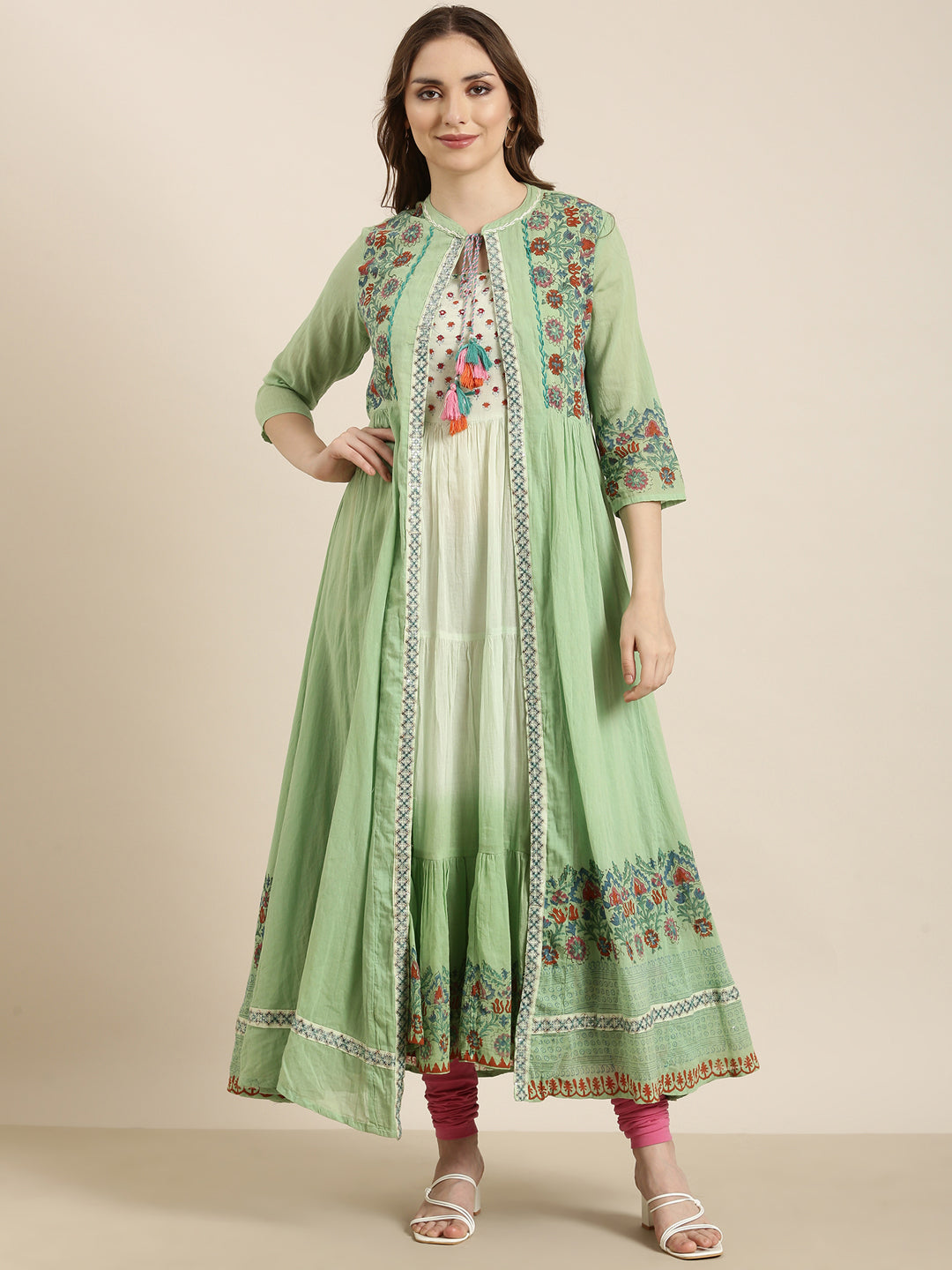 Women Anarkali Green Floral Kurta Comes With Overcoat