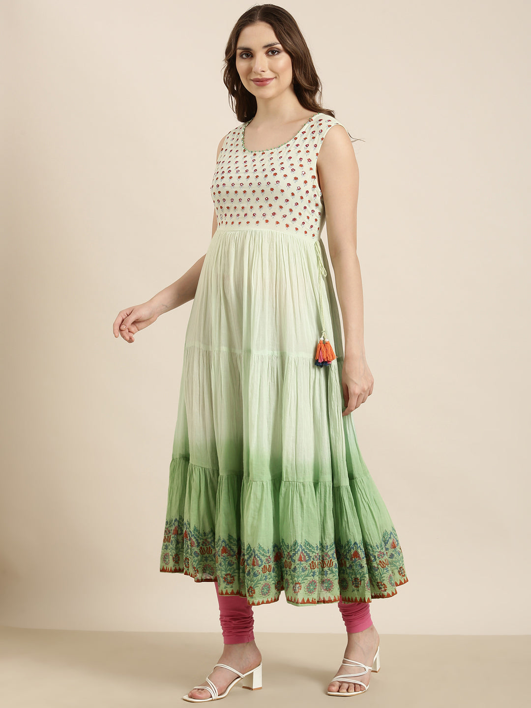 Women Anarkali Green Floral Kurta Comes With Overcoat