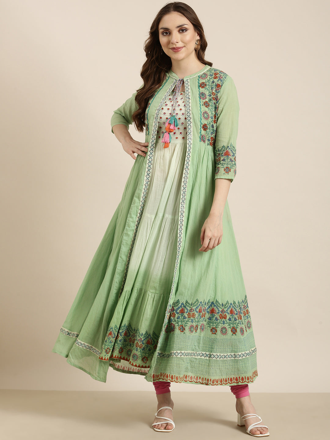 Women Anarkali Green Floral Kurta Comes With Overcoat