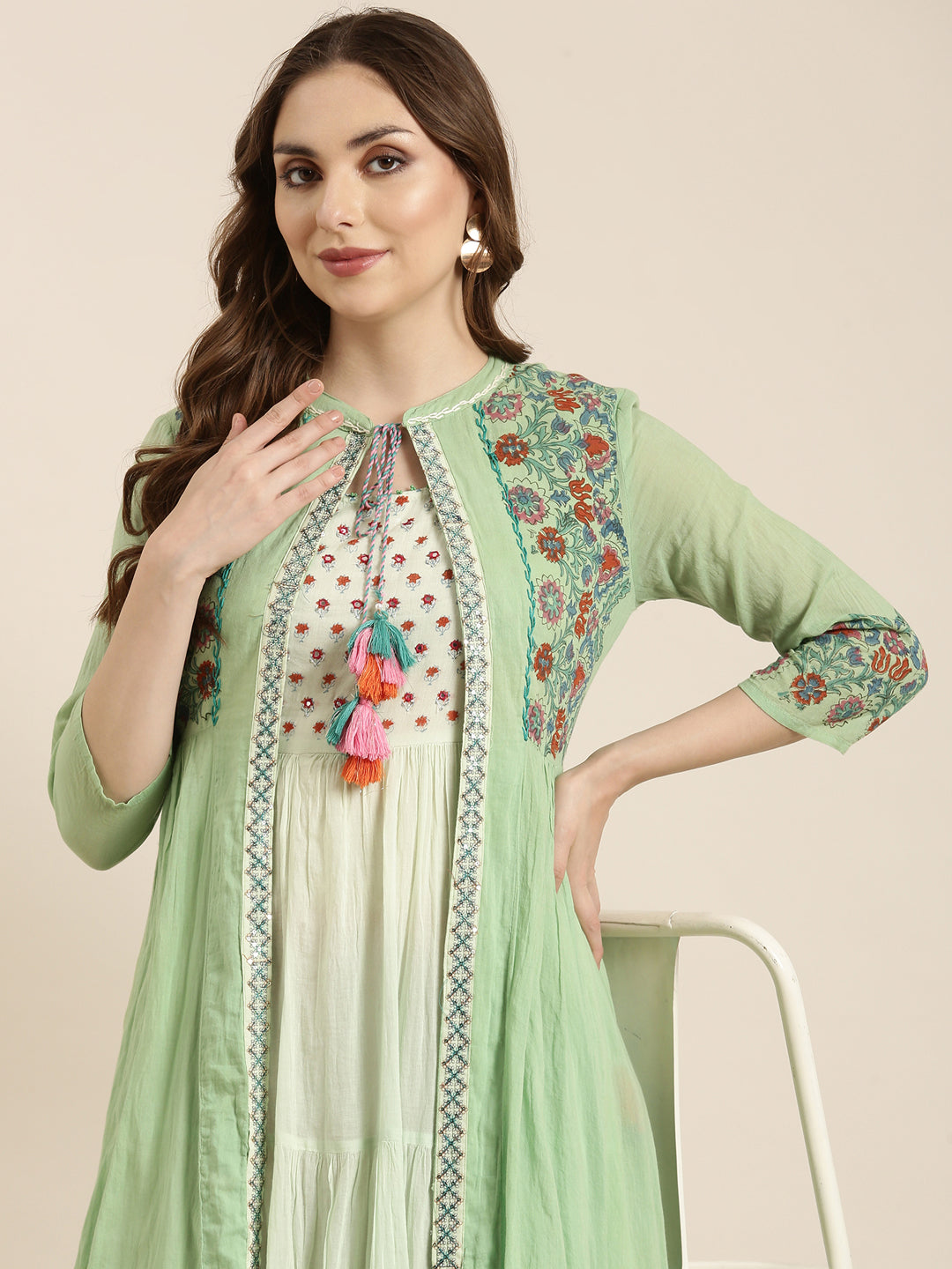 Women Anarkali Green Floral Kurta Comes With Overcoat