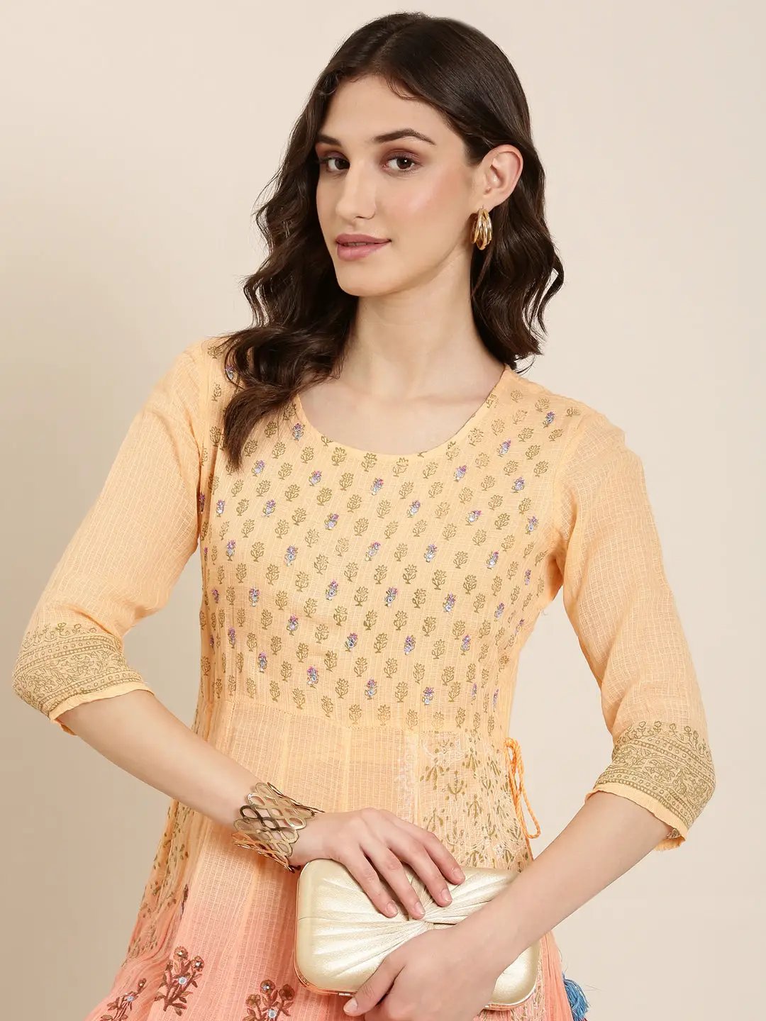 Women's Peach Floral Anarkali Kurta