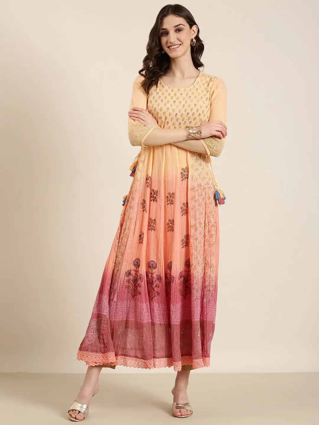 Women's Peach Floral Anarkali Kurta