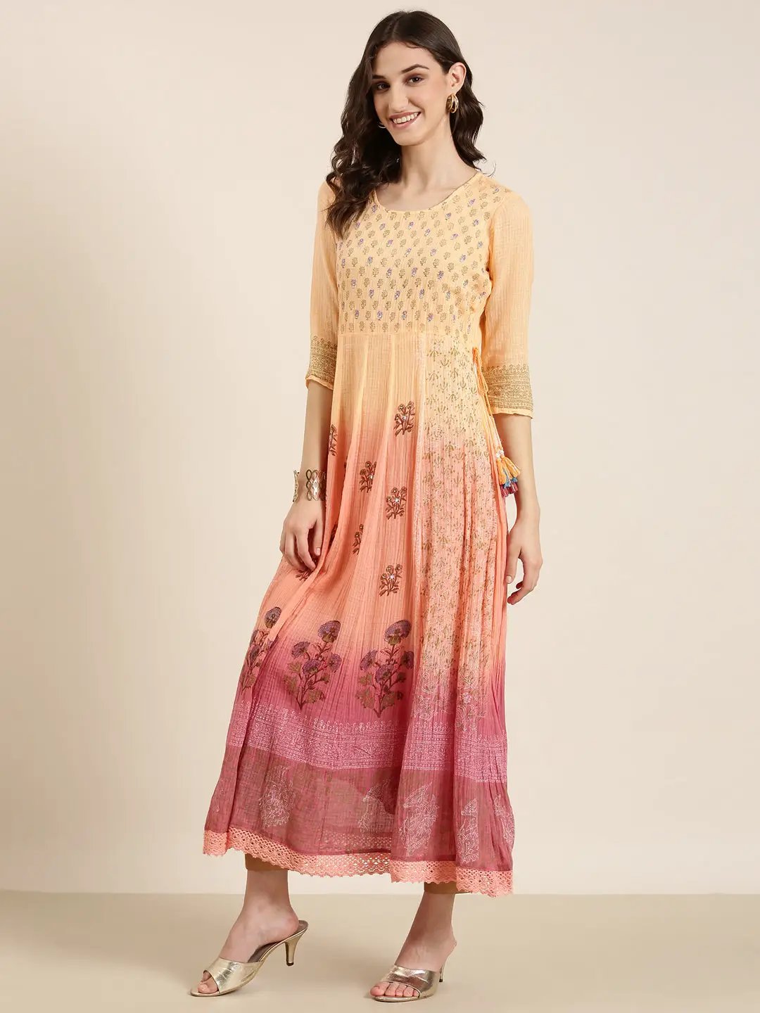 Women's Peach Floral Anarkali Kurta