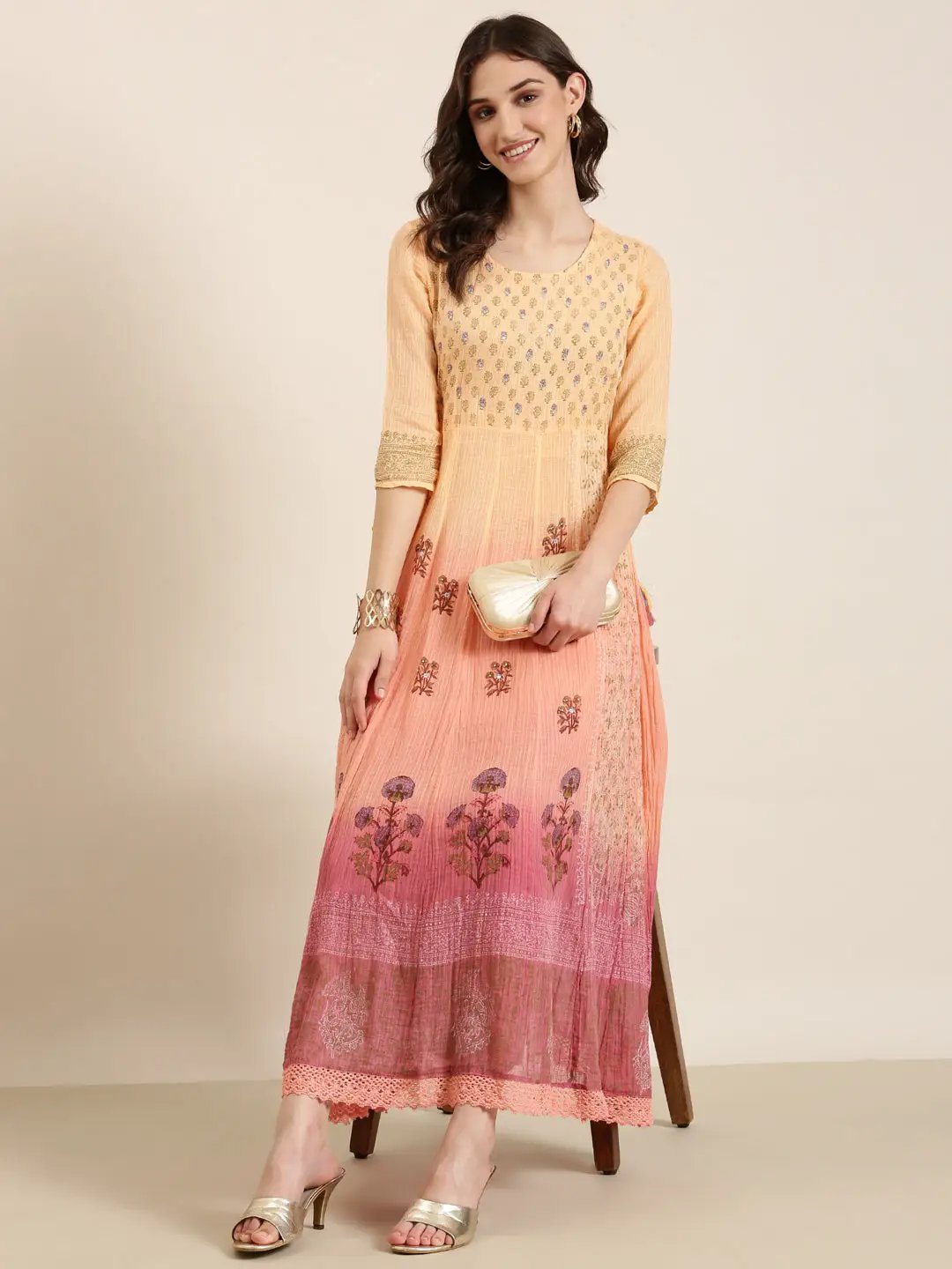 Women's Peach Floral Anarkali Kurta